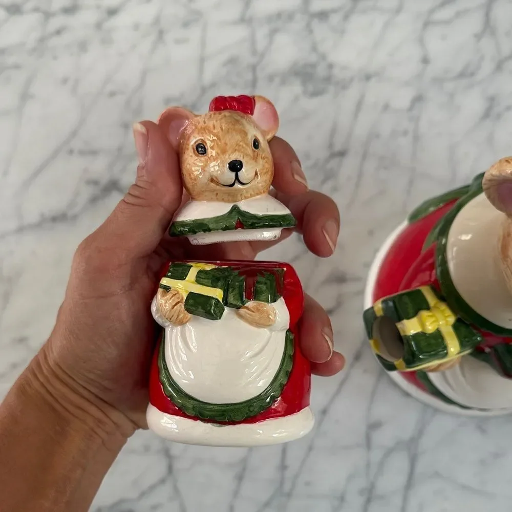 VTG Mrs Christmas Mouse Tea Set with Teapot, Sugar and creamer